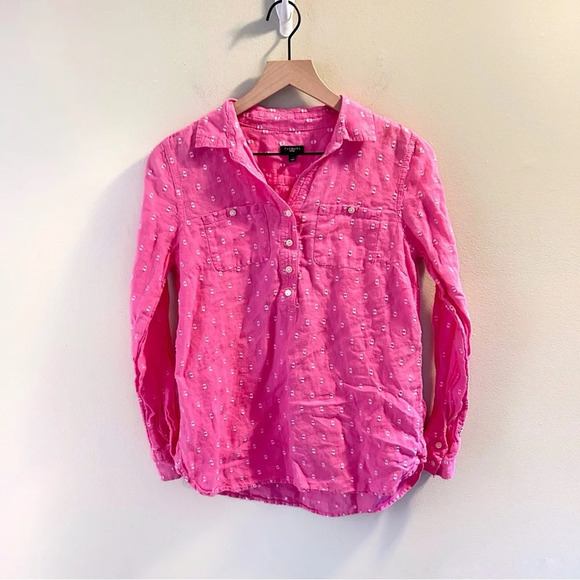 Talbots Linen Camp Shirt Clip Dot Size Small Petite Pink Button Down Top Beach - Picture 2 of 8